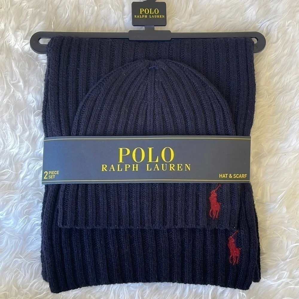 Brand New Polo Ralph Lauren 2-Piece Wool Hat & Scarf Set Navy Blue Deep Red Pony